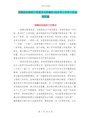 供销总社组织工作要点与供销社2024年上半年工作总结汇编