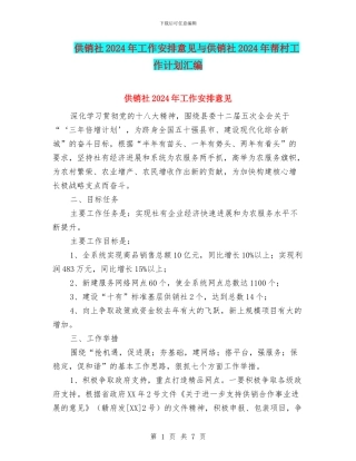 供销社2024年工作安排意见与供销社2024年帮村工作计划汇编