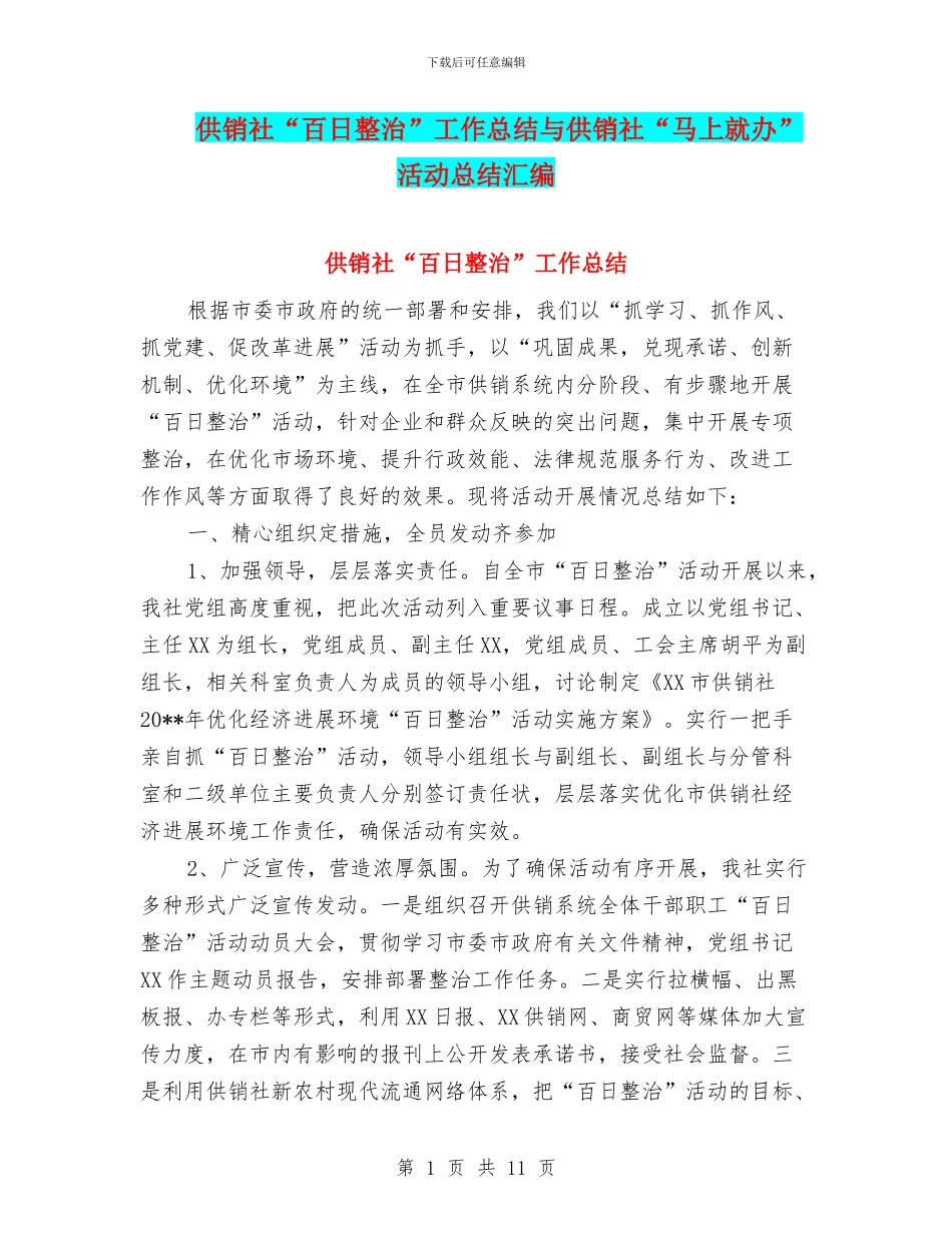 供销社“百日整治”工作总结与供销社“马上就办”活动总结汇编_第1页