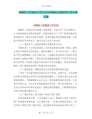 供销社三农服务工作计划与供销社五城同创工作方案汇编
