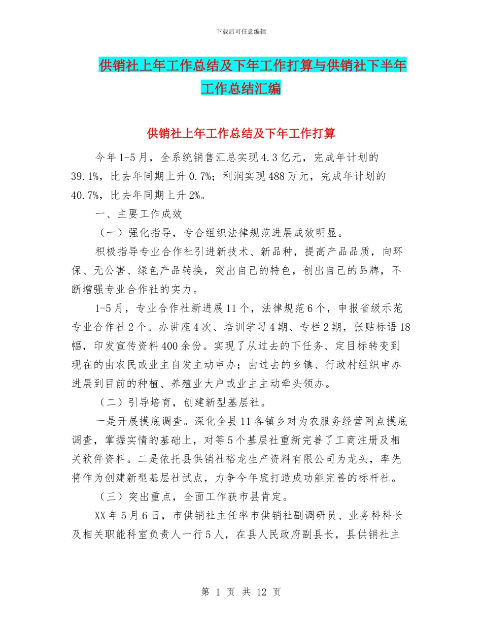供销社上年工作总结及下年工作打算与供销社下半年工作总结汇编_第1页