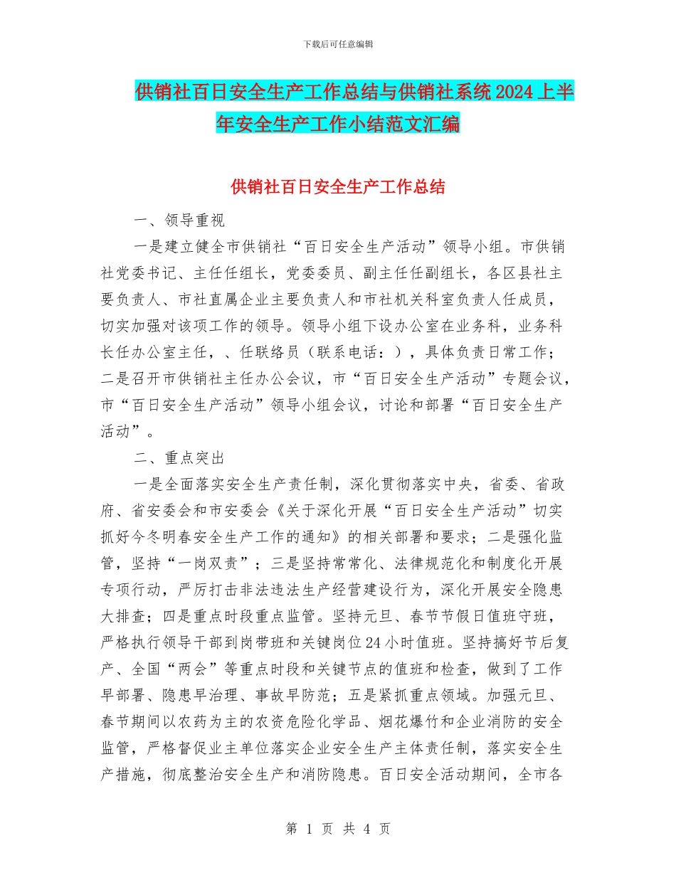 供销社百日安全生产工作总结与供销社系统2024上半年安全生产工作小结范文汇编_第1页