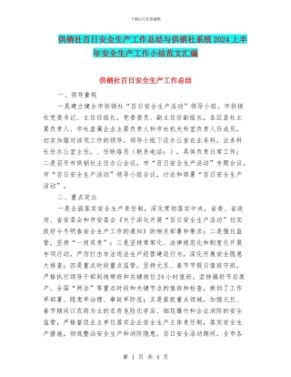 供销社百日安全生产工作总结与供销社系统2024上半年安全生产工作小结范文汇编