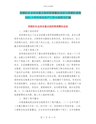 供销社社会治安重点场所排查整治总结与供销社系统2024上半年安全生产工作小结范文汇编
