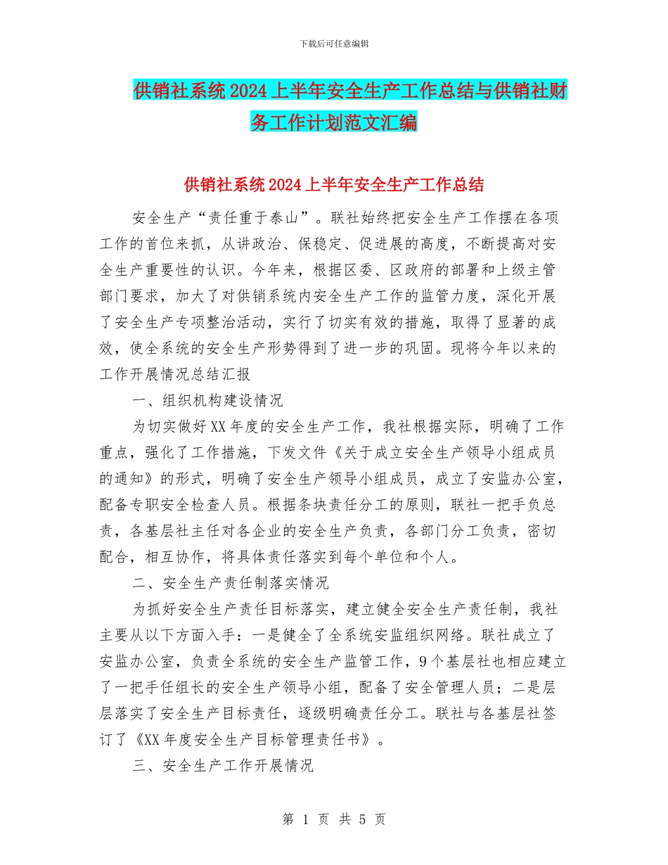 供销社系统2024上半年安全生产工作总结与供销社财务工作计划范文汇编_第1页