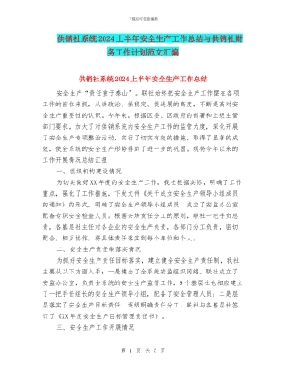 供销社系统2024上半年安全生产工作总结与供销社财务工作计划范文汇编