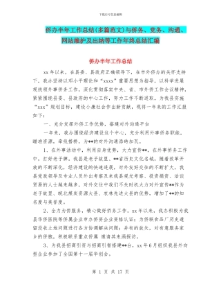 侨办半年工作总结与侨务、党务、交流、网站维护及出纳等工作年终总结汇编