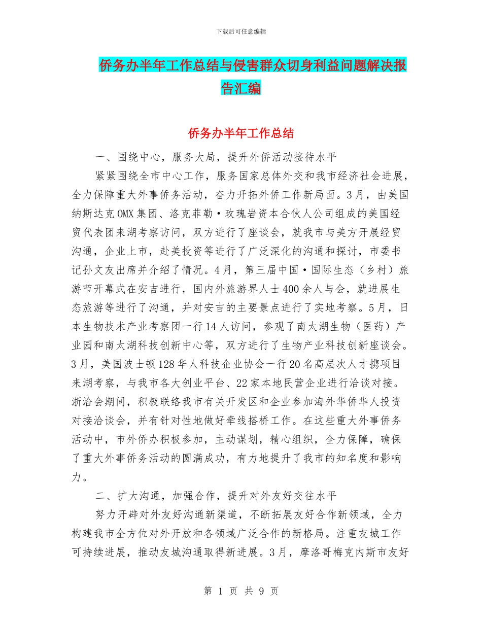 侨务办半年工作总结与侵害群众切身利益问题解决报告汇编_第1页