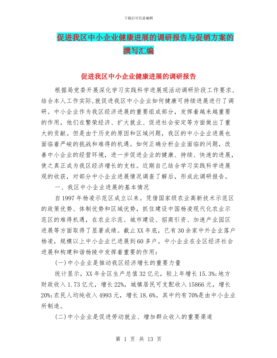 促进我区中小企业健康发展的调研报告与促销方案的撰写汇编_第1页