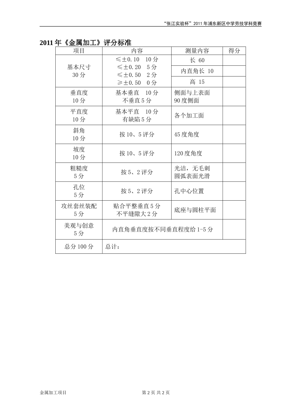 2011年浦东新区中学劳技学科金属加工项目竞赛试题_第2页