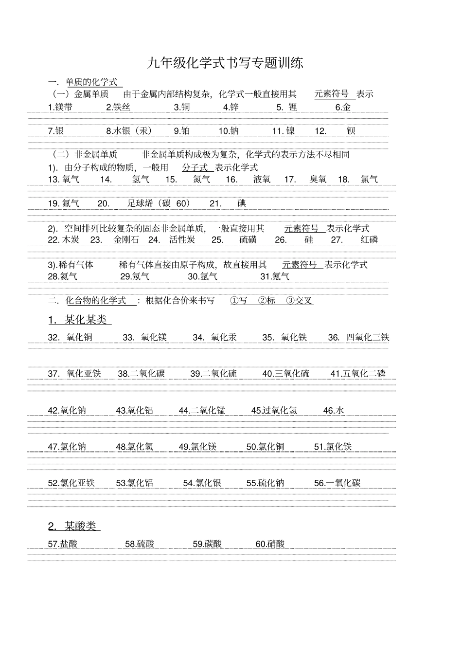 九年级化学式书写专题训练_第1页