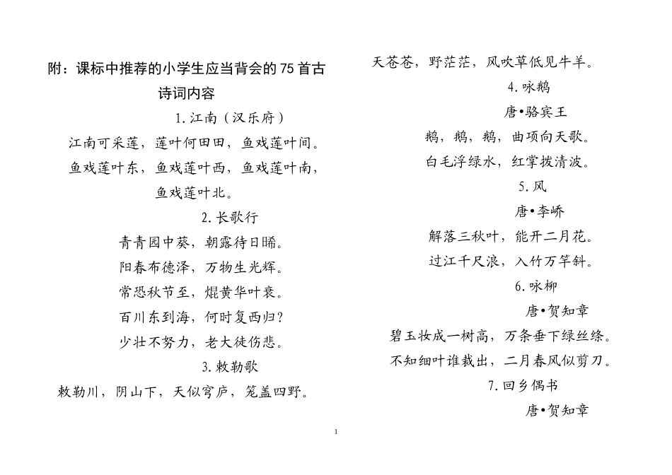 小学生应背诵的75首古诗词_第1页