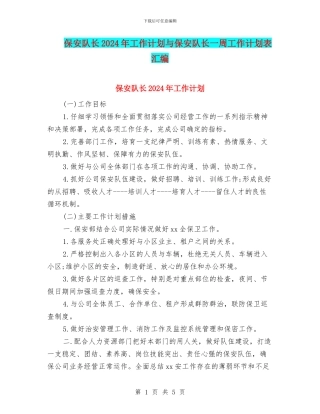 保安队长2024年工作计划与保安队长一周工作计划表汇编