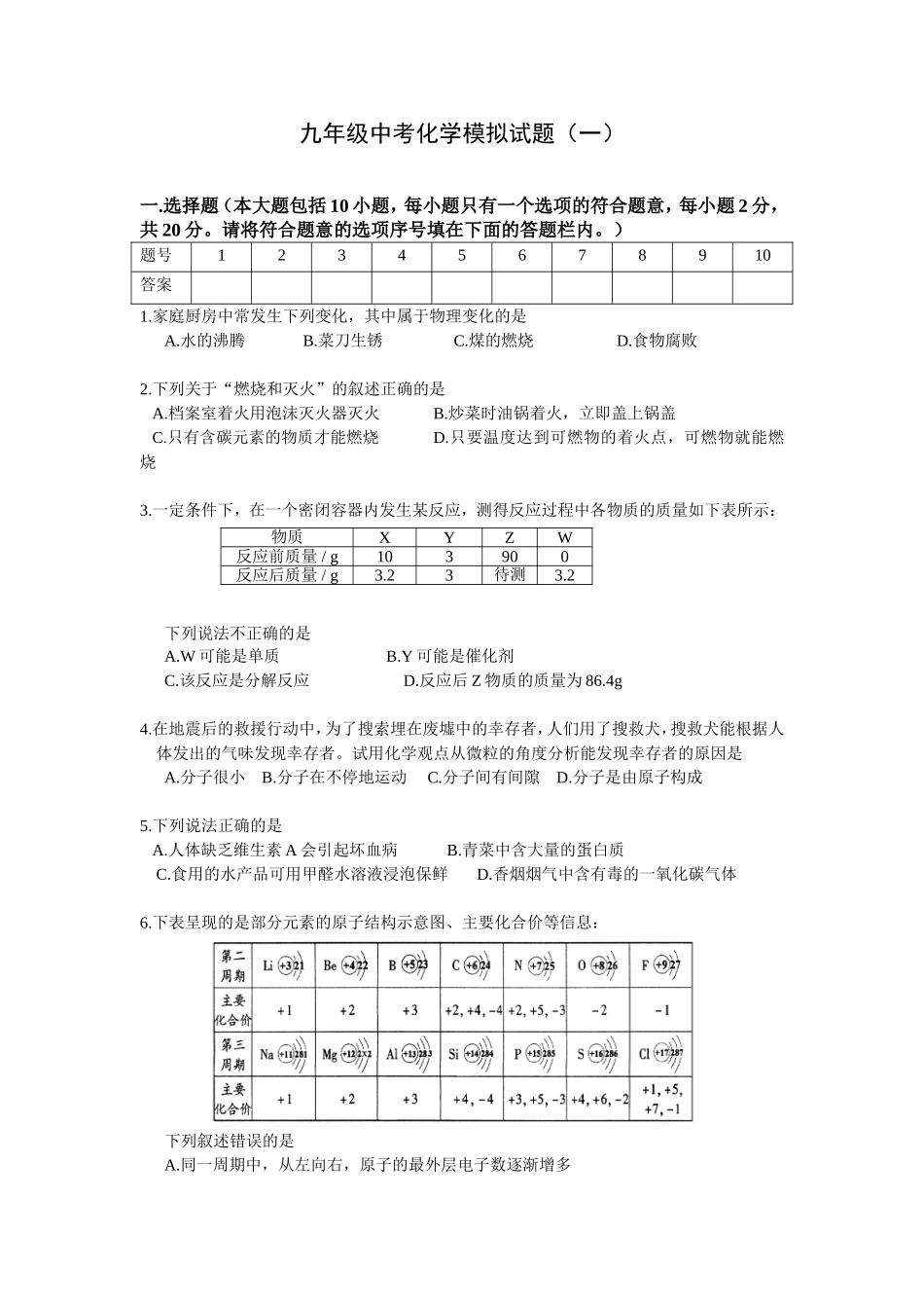 九年级中考化学模拟试题_第1页