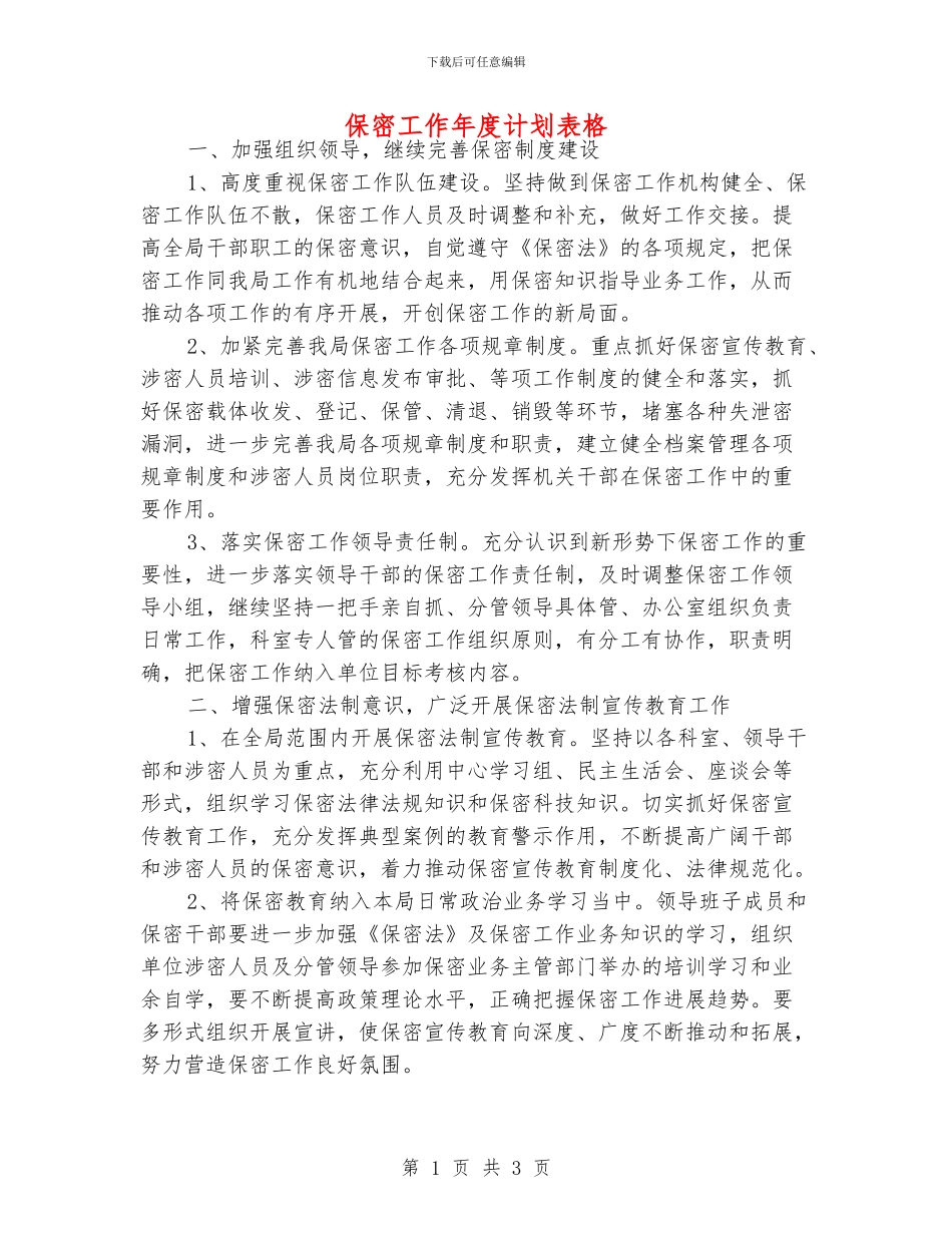保密工作年度计划表格_第1页