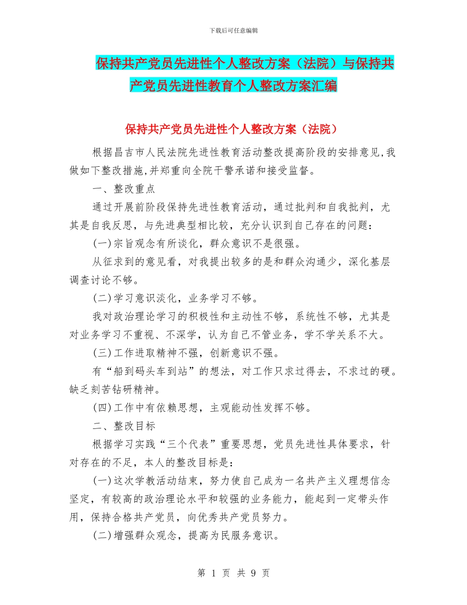 保持共产党员先进性个人整改方案与保持共产党员先进性教育个人整改方案汇编_第1页
