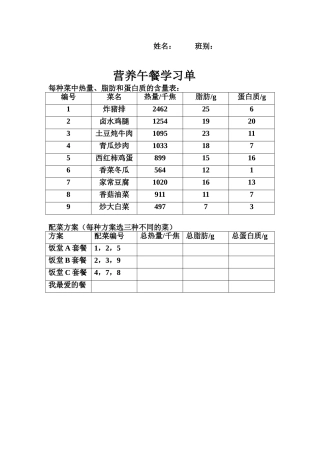 小学数学2011版本小学四年级营养午餐学习单