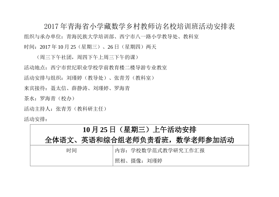 2017年青海省小学藏数学乡村教师访名校培训班活动安排表_第1页