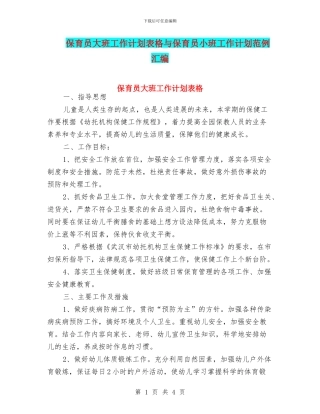 保育员大班工作计划表格与保育员小班工作计划范例汇编