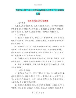 保育员大班工作计划表格与保育员小班工作计划报告汇编