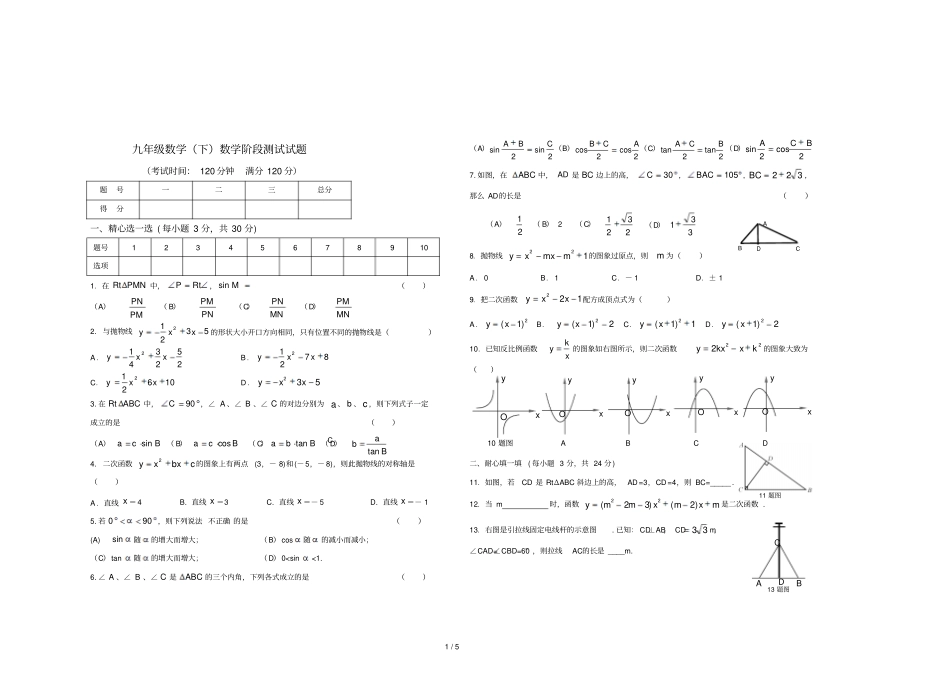 九年级数学下数学试题及答案_第1页