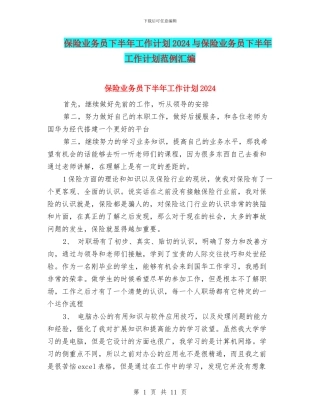 保险业务员下半年工作计划2024与保险业务员下半年工作计划范例汇编