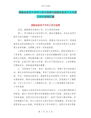 保险业务员下半年工作计划表与保险业务员个人月度工作计划表汇编