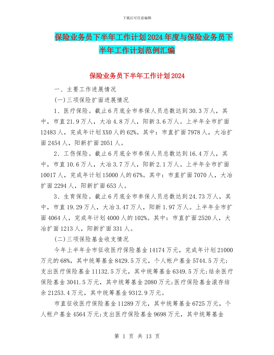 保险业务员下半年工作计划2024年度与保险业务员下半年工作计划范例汇编_第1页