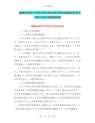 保险业务员下半年工作计划2024年度与保险业务员下半年工作计划范例汇编