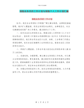保险业务员的工作计划与保险个人工作计划汇编