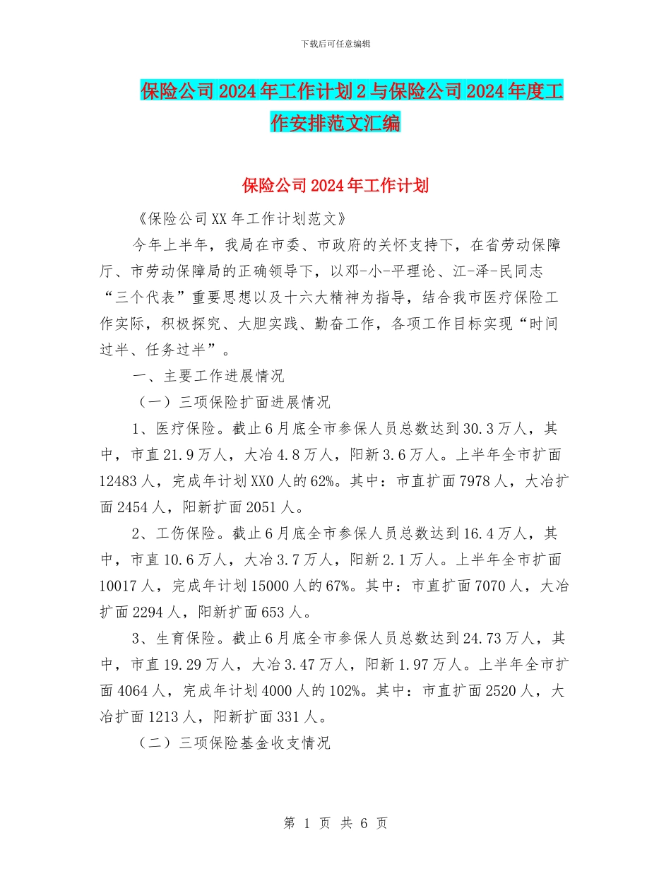 保险公司2024年工作计划2与保险公司2024年度工作安排范文汇编_第1页