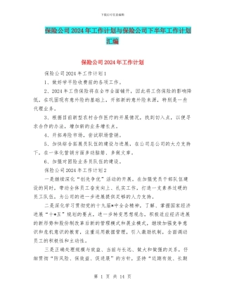 保险公司2024年工作计划与保险公司下半年工作计划汇编