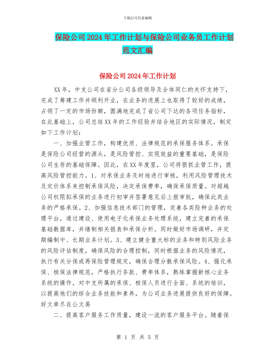 保险公司2024年工作计划与保险公司业务员工作计划范文汇编_第1页