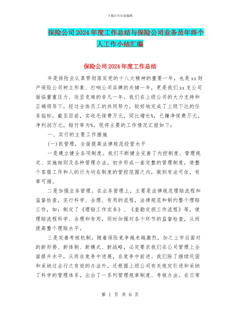 保险公司2024年度工作总结与保险公司业务员年终个人工作小结汇编_第1页