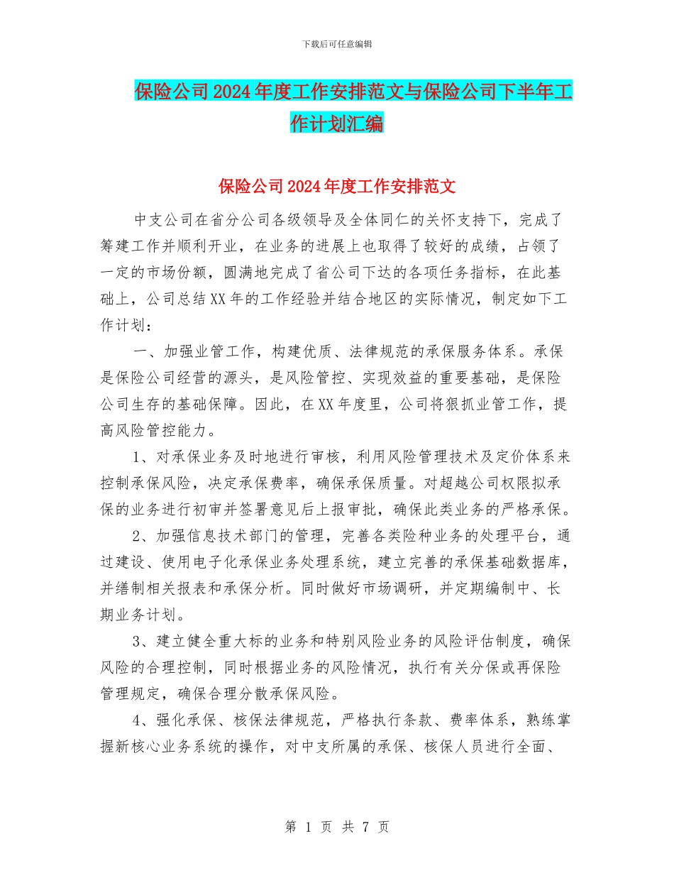 保险公司2024年度工作安排范文与保险公司下半年工作计划汇编_第1页