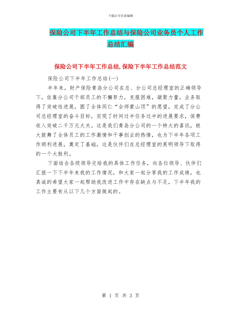 保险公司下半年工作总结与保险公司业务员个人工作总结汇编_第1页