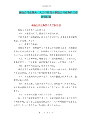 保险公司业务员个人工作计划与保险公司业务员工作计划汇编