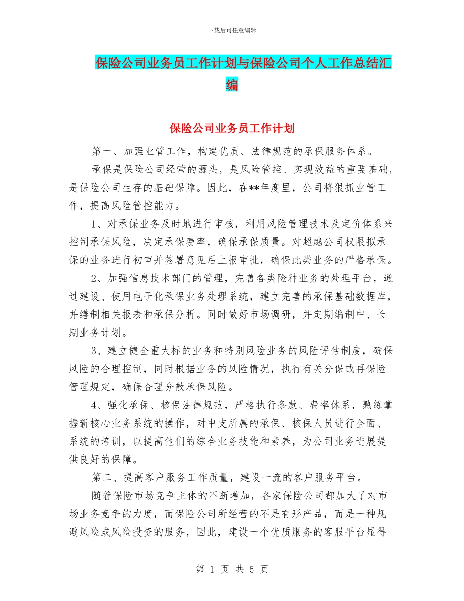 保险公司业务员工作计划与保险公司个人工作总结汇编_第1页