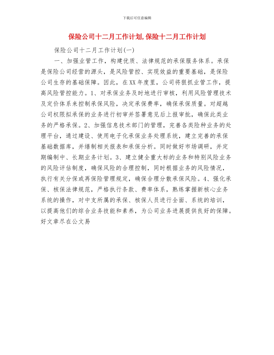 保险公司业务经理2024年工作计划与保险公司十二月工作计划汇编_第2页