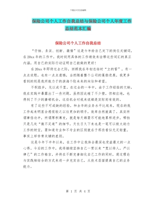 保险公司个人工作自我总结与保险公司个人年度工作总结范本汇编