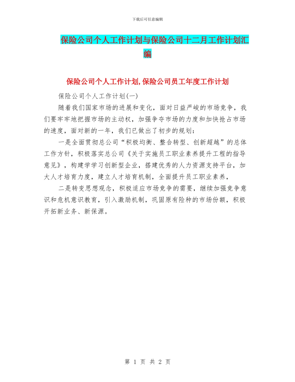 保险公司个人工作计划与保险公司十二月工作计划汇编_第1页
