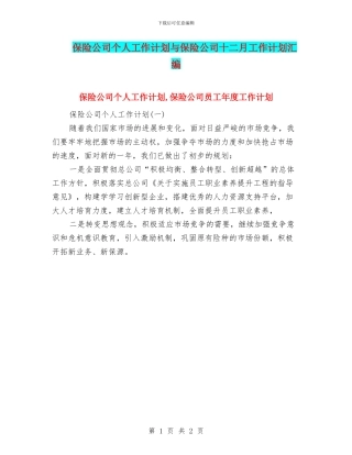 保险公司个人工作计划与保险公司十二月工作计划汇编