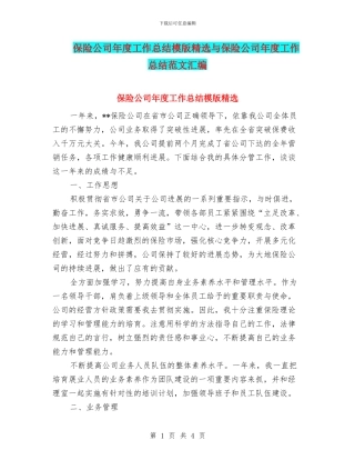 保险公司年度工作总结模版精选与保险公司年度工作总结范文汇编
