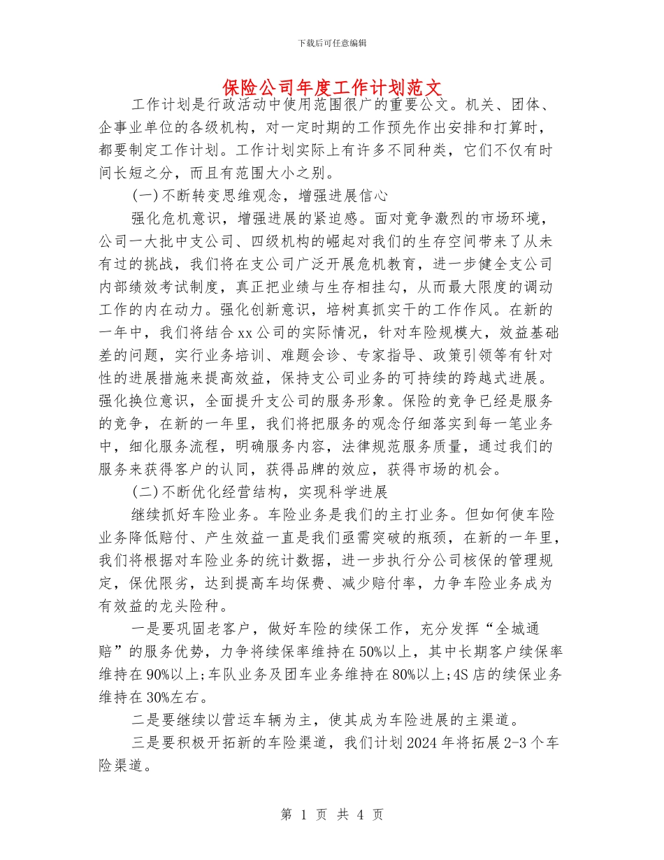 保险公司年度工作计划范文_第1页