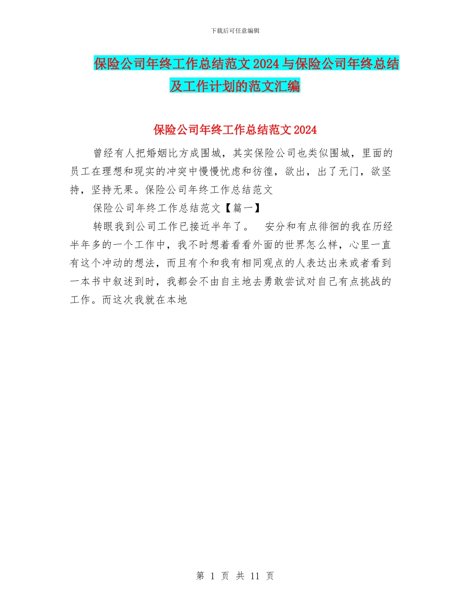 保险公司年终工作总结范文2024与保险公司年终总结及工作计划的范文汇编_第1页