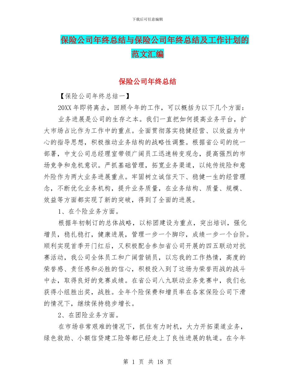 保险公司年终总结与保险公司年终总结及工作计划的范文汇编_第1页