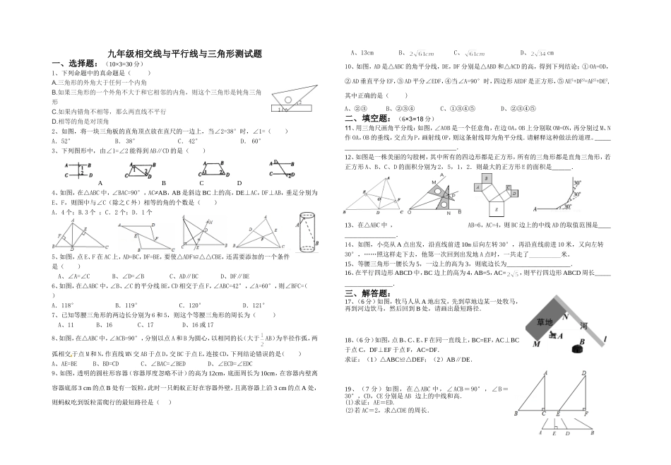 九年级相交线与平行线与三角形测试题_第1页