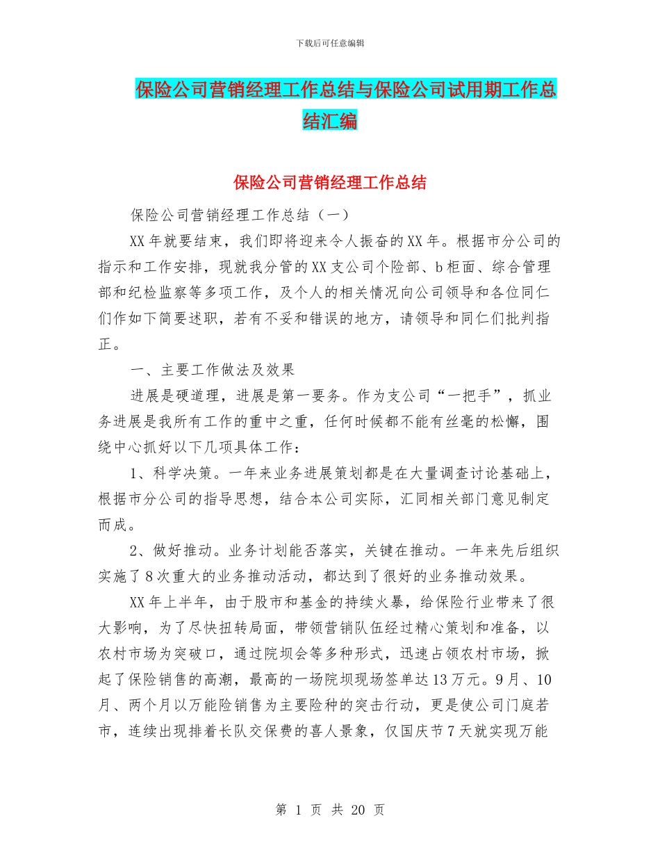 保险公司营销经理工作总结与保险公司试用期工作总结汇编_第1页