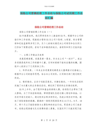 保险公司营销经理工作总结与保险公司试用期工作总结汇编