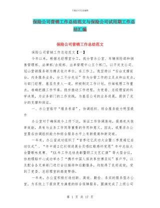 保险公司营销工作总结范文与保险公司试用期工作总结汇编